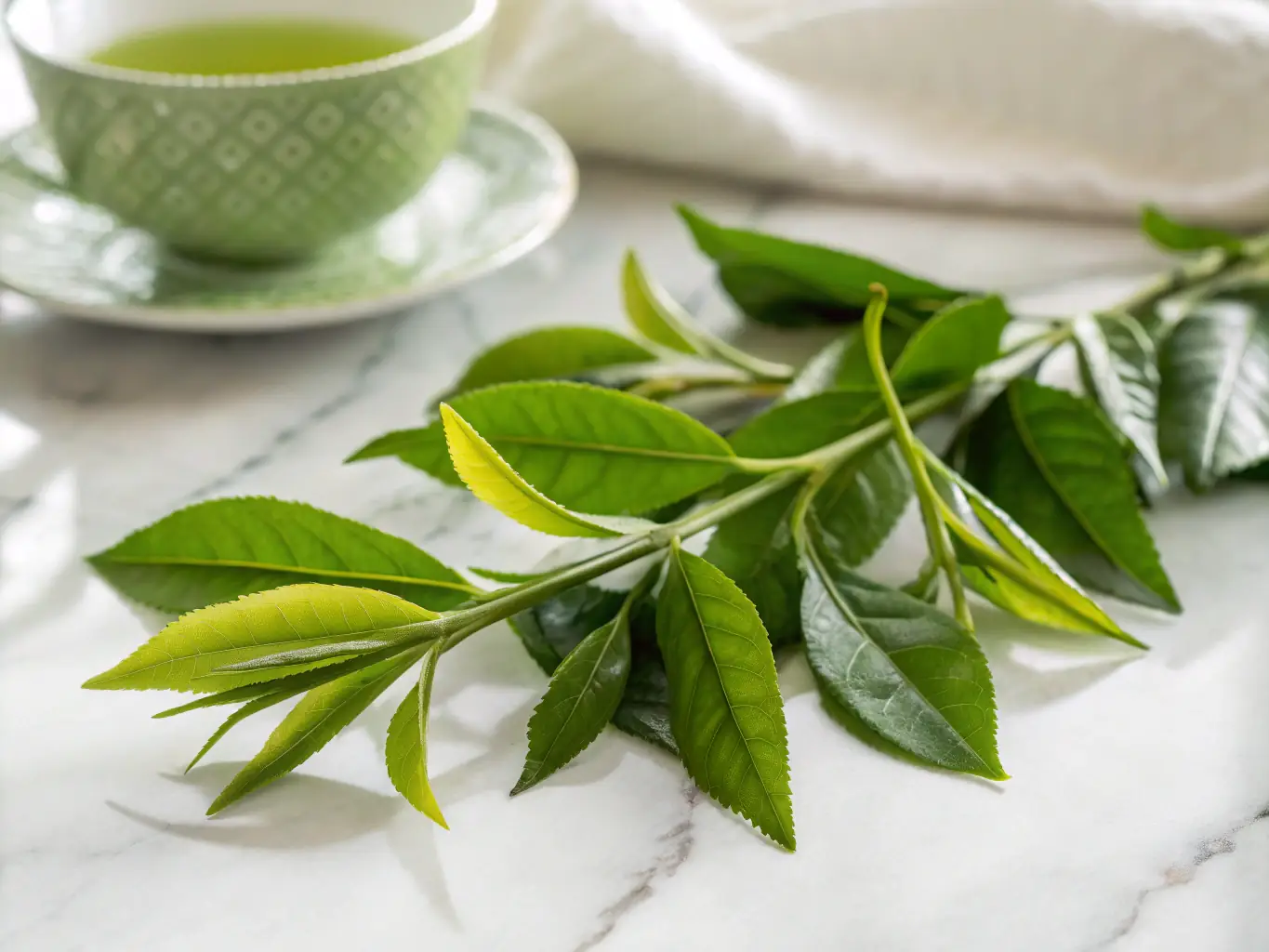 A close-up shot of green tea leaves being steeped in hot water, highlighting the release of antioxidants. The scene is set in a serene environment with soft, natural lighting.