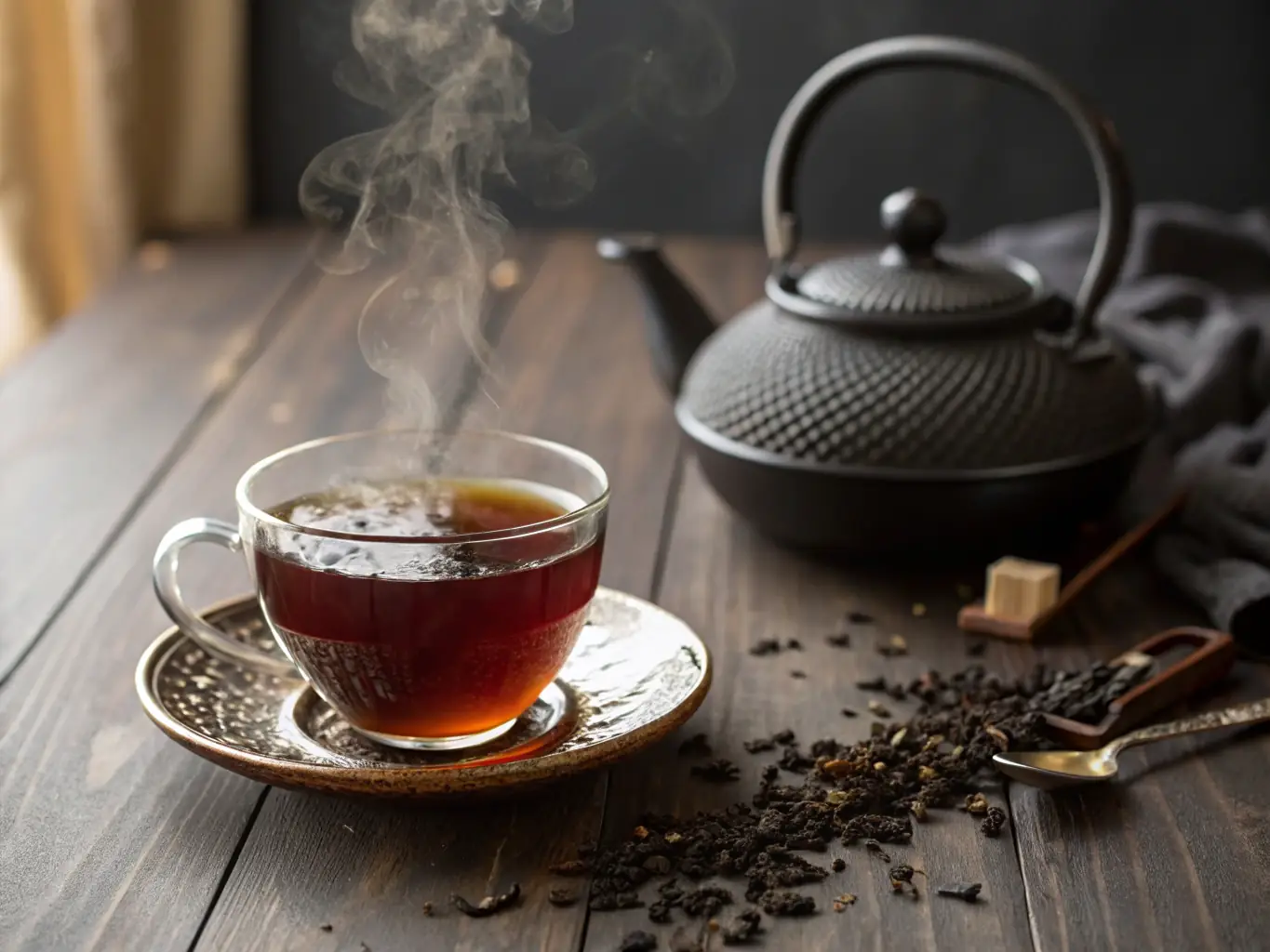 A steaming cup of black tea with visible steam rising, symbolizing energy and focus. The background includes subtle elements of a workspace, suggesting productivity.
